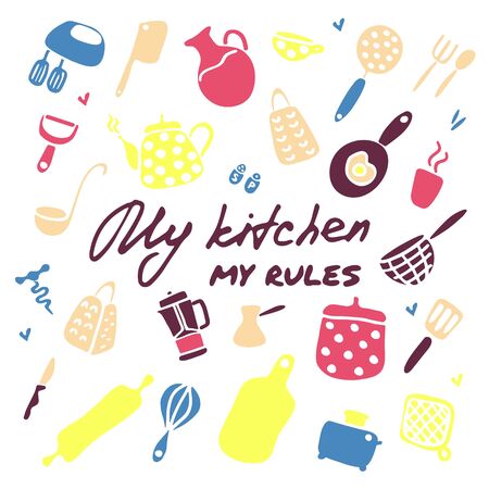 Doodle icons set of kitchen appliances and objects. Hand-drawn cooking items. Household appliances and housewares. Inscription My kitchen - my rules. Vector illustrationのイラスト素材