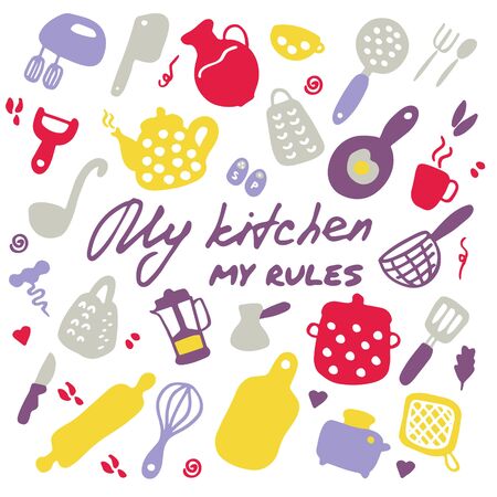 Doodle icons set of kitchen appliances and objects. Hand-drawn cooking items. Household appliances and housewares. Inscription My kitchen - my rules. Vector illustrationのイラスト素材