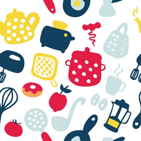 Doodle icons set of kitchen appliances and objects. Hand-drawn cooking items. Household appliances and housewares. Seamless pattern. Vector illustrationのイラスト素材