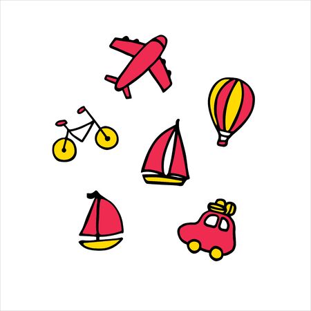 Summer collection. Hand drawn icon set with yacht, bicycle, baloon, car, plane. Sticker pack for print and digital. Vector illustrationのイラスト素材