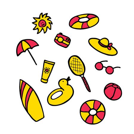 Summer collection. Hand drawn icon set. Sticker pack for print and digital. Vector illustrationのイラスト素材