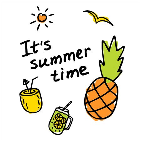 Summer hand drawn labels. Inscription Its summer time. Summer holiday, travel, beach vacation concept. Vector illustration.のイラスト素材