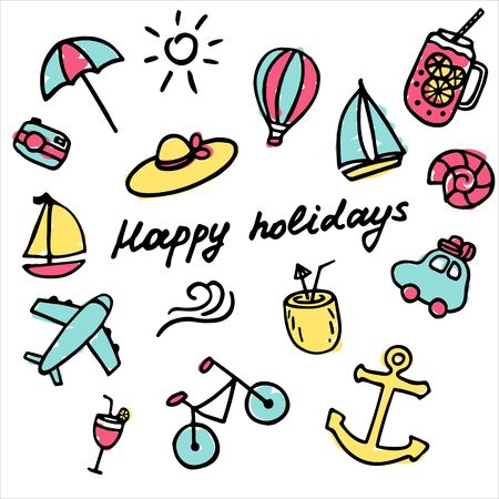Vector summer set with baloon, shell, yacht, hat, car, bycicle, airplane, cocktail, camera, umbrella, coconut. Bright stickers collection. Trendy patches pins badges Hand written inscription Happy holidaysのイラスト素材