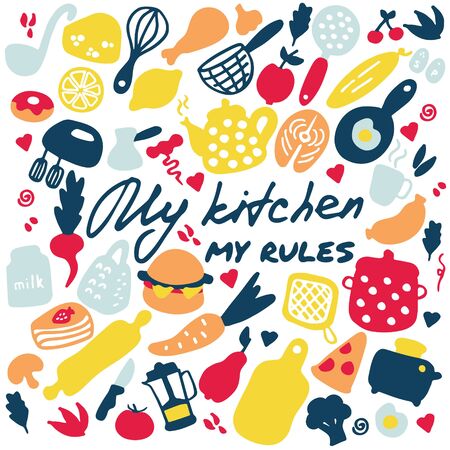 Big set of kitchen items. Doodle icons of kitchen appliances, devices for cooking, products and dishes. Hand drawn graphic. Inscription My kitchen - my rules. Vector illustrationのイラスト素材
