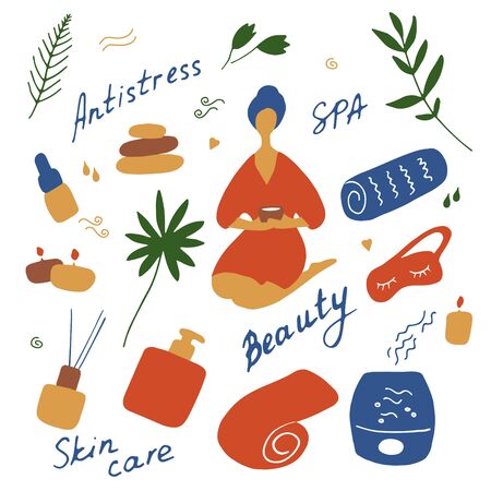 SPA salon icons. Beauty concept. Skin care signs. Hand drawn flat vector illustraton.のイラスト素材
