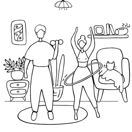 Happy family sport activity. Wife and husband doing morning exercising at home. Man and woman fitness workout exercise. Linear vector graphic.のイラスト素材