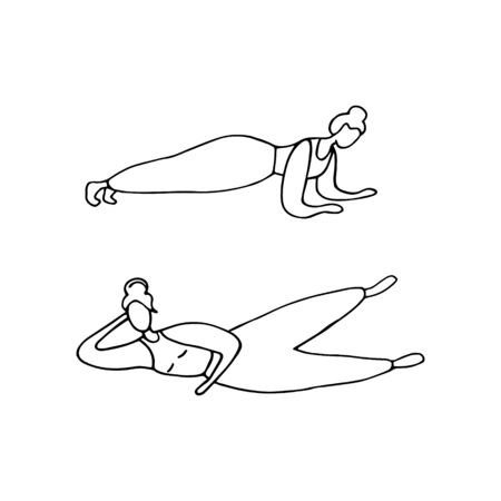Girl training. Woman doing plank. Girl engaged pilates. Workout concept. Doodle vector graphic.のイラスト素材