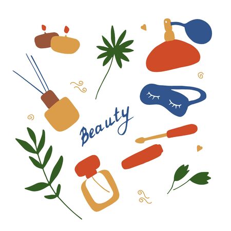 Beauty set. Perfume and cosmetic signs. Female accessories. Flat doodle vector elements.のイラスト素材