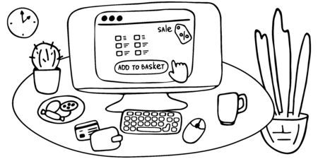 Online shopping. Shopping in Internet, online store. Desktop with computer, keyboard and mouse. Stay home concept. Doodle vector illustration.のイラスト素材