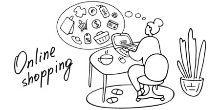 Shopaholic buys online from home. Girl chooses products on site. Onlone shopping concept. Doodle vector graphic.のイラスト素材