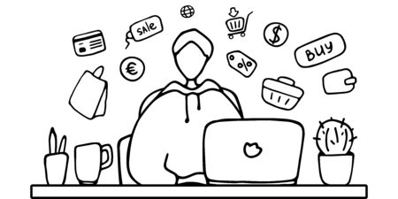 Man work and shopping online for the period of quarantine. Person can not leave home and order food and goods in online store.のイラスト素材