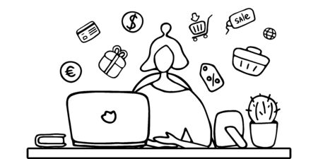 Woman online shopping from home during Quarantine. Stay at home, self-isolate concept. Online purchases from home during pandemic. Vector doodle illustration.のイラスト素材