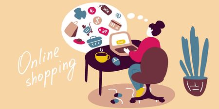 Young girl online shopping from home during Quarantine. Stay at home, self-isolate concept. Online purchases from home during pandemic. Vector flat illustration.のイラスト素材
