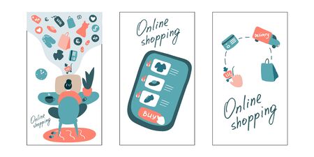 Online shopping. Set of vertical web banner. Stages of online shopping from home, choice-payment-delivery. Flat vector graphic.のイラスト素材