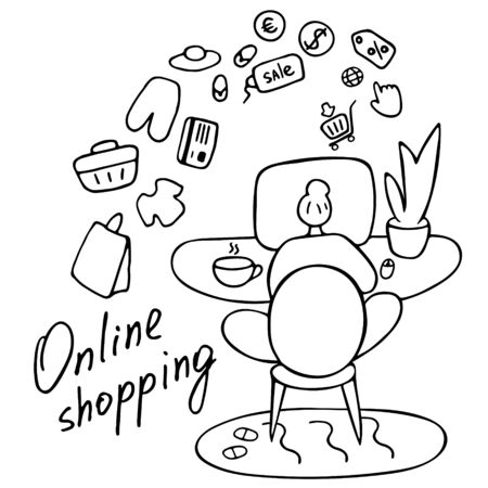 Online Shopping Concept. Young woman buys over the internet. Vector hand drawn illustration.のイラスト素材
