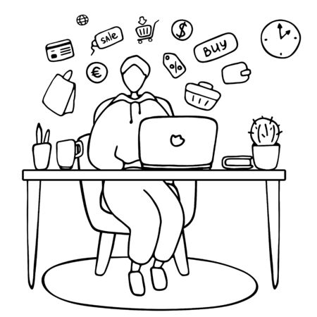 Online shopping service. Young man purchasing products over the Internet, getting goods via screen. Electronic commerce, online business. Vector doodle illustration.のイラスト素材