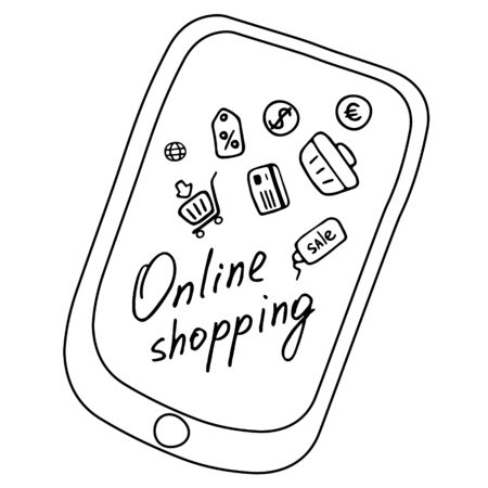 Online shopping on tablet and mobile. Online purchases from home. Vector doodle design.のイラスト素材