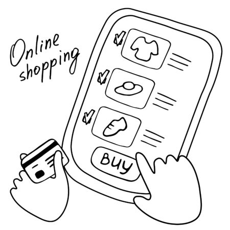 Shopping online. Purchase process. Linear vector illustration.のイラスト素材