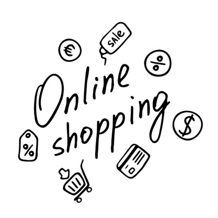 Online shopping inscription. E-store linear icons. Vector doodle design.のイラスト素材