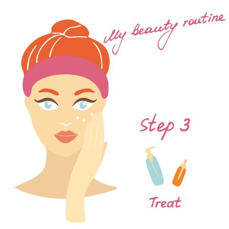 My daily routine. Skin care vector illustration. Correct order to apply skin care products. Step 3 Treatのイラスト素材