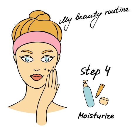 My daily routine. Skin care vector illustration. Correct order to apply skin care products. Step 4 Moisturizeのイラスト素材