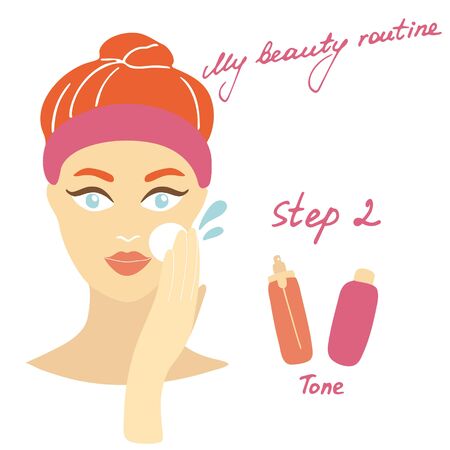 My daily routine. Skin care vector illustration. Correct order to apply skin care products. Step 2 Toneのイラスト素材