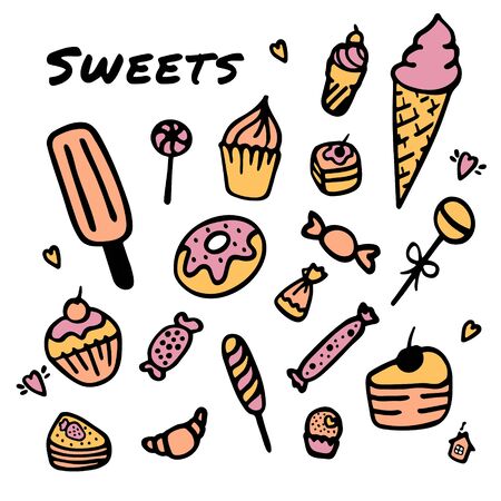 Hand drawn sweets. Doodle elements set with candies, cupcakes, cookies, chocolates, lollipops and macaroonsのイラスト素材