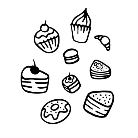 Hand drawn sweets collection. Dessert icon set. Cakes. Black on whiteのイラスト素材
