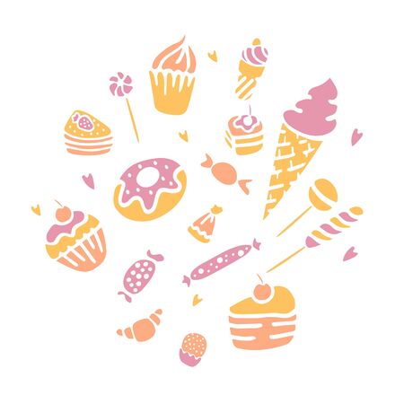 Hand drawn sweets collection. Dessert icon set. Colored iconsのイラスト素材