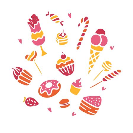 Doodle vector. Bakery,Cakes and dessert,pastries icons set. Hand drawn elements for logo,label,menu,cafe shop. Sweets collectionのイラスト素材