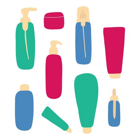 Cosmetic tube bottle container for gel lotion cream,spray. Beauty product package, vector illustration. Hand drawn graphicのイラスト素材