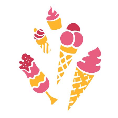 Vector collection of party pastry, cakes and sweets icons. Hand drawn illustration with ice-cream. Teatime setのイラスト素材