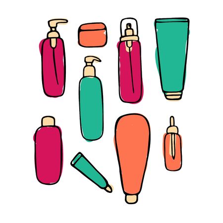 Cosmetic tube bottle container for gel lotion cream,spray. Beauty product package, vector illustration. Hand drawn graphicのイラスト素材