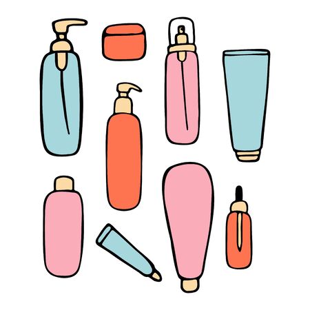 Cosmetic tube bottle container for gel lotion cream,spray. Beauty product package, vector illustration. Hand drawn graphicのイラスト素材