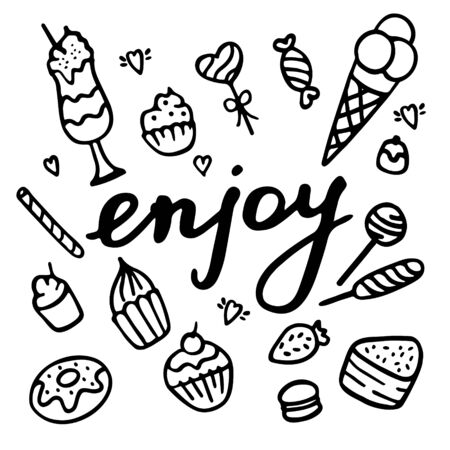 Enjoy hand writting inscription. Hand drawn sweets icon set. Poster, card, bannerのイラスト素材