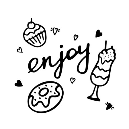 Enjoy inscription. Hand drawn sweets icon set. Poster, card bannerのイラスト素材