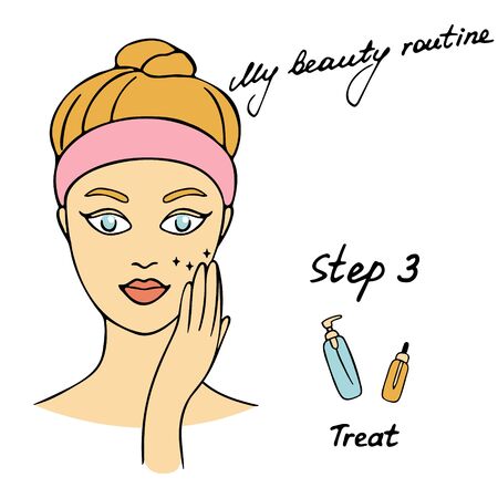 My daily routine. Skin care vector illustration. Correct order to apply skin care products. Step 3 Treatのイラスト素材