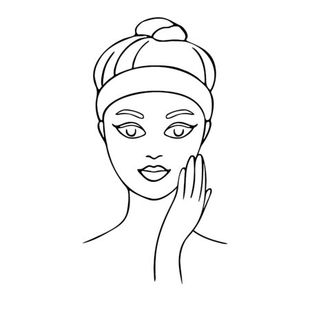 Young woman cares about her face. Hand drawn illustration. Vector illustration.のイラスト素材