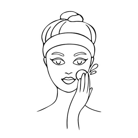Girl cares about her face. Young woman cleans her skin. Hand drawn illustration. Vector illustration.のイラスト素材