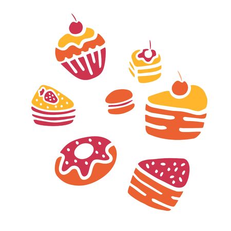 Doodle vector. Bakery,Cakes and dessert,pastries icons set. Hand drawn elements for logo,label,menu,cafe shop. Sweets collectionのイラスト素材