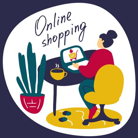 Stay and work from home. Online shopping from home diring epidemic. Social distance, quarantine concept. Flat vector illustration.のイラスト素材