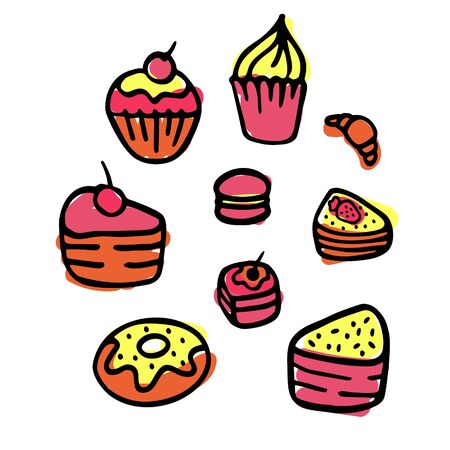 Vector collection of party pastry, cakes and sweets icons. Hand drawn illustration with Cakes and cupcakes. Teatime setのイラスト素材