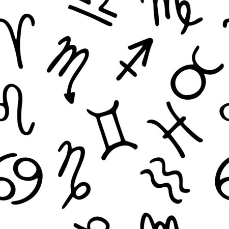 Zodiak seamless pattern. Hand drawn horoscope elements. Black on whiteのイラスト素材