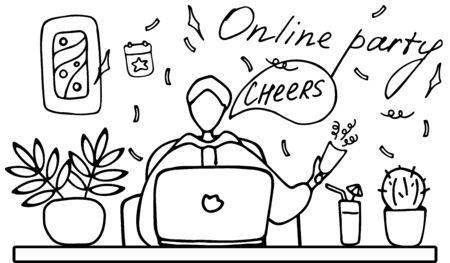 Man talking to friends online. Date on Internet. Online party, family event. Doodle vector illustration.のイラスト素材