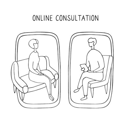 Woman at the psychologist online session. Doctor consultation by phone. Video call to psychiatrist. Online psychological therapy. Hand drawn doodle vector graphic.のイラスト素材