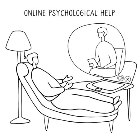 Man at the psychologist online session. Doctor consultation by phone. Video call to psychiatrist. Online psychological therapy. Hand drawn vector graphic.のイラスト素材