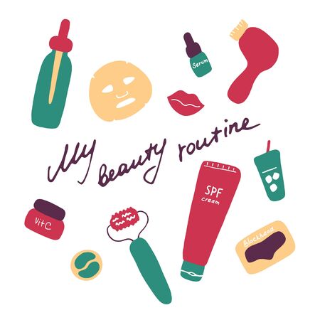 My beauty routine. Cosmetic products and accessories. Beauty icons for digital and print. Hand drawn flat vector graphic.のイラスト素材