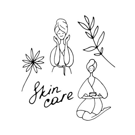 Skin care concept. Young woman in SPA, in bathroom doing cosmetic procedures. Hand drawn doodle vector illustration.のイラスト素材