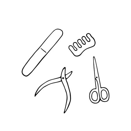 Vector manicure-pedicure set with nail polish, scissors, manicure tweezer clipper, pedicure spacer. Hand drawn doodle vector illustration.のイラスト素材