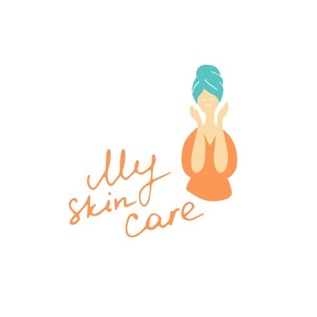 Skin care concept. Young woman in SPA, in bathroom doing cosmetic procedures. Hand drawn flat doodle vector illustration.のイラスト素材